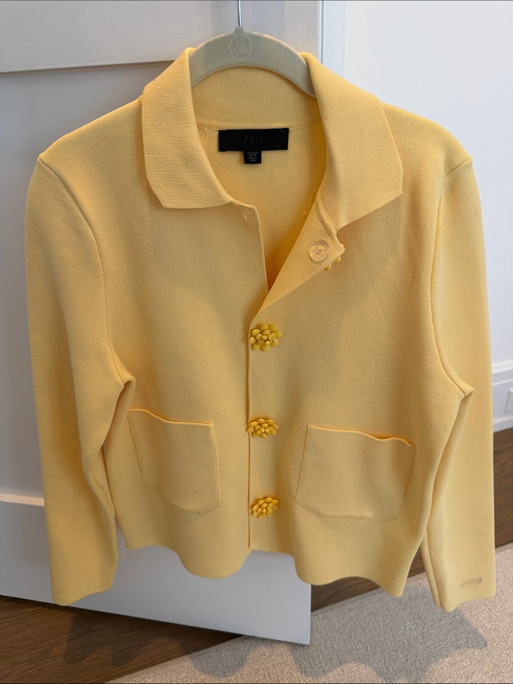Zara Pale Yellow Knit Blazer with Beaded Buttons